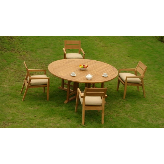 5 PC A Grade Outdoor Patio Teak Dining Set - 72" Round Table & 4 Cellore Stacking Arm Chairs