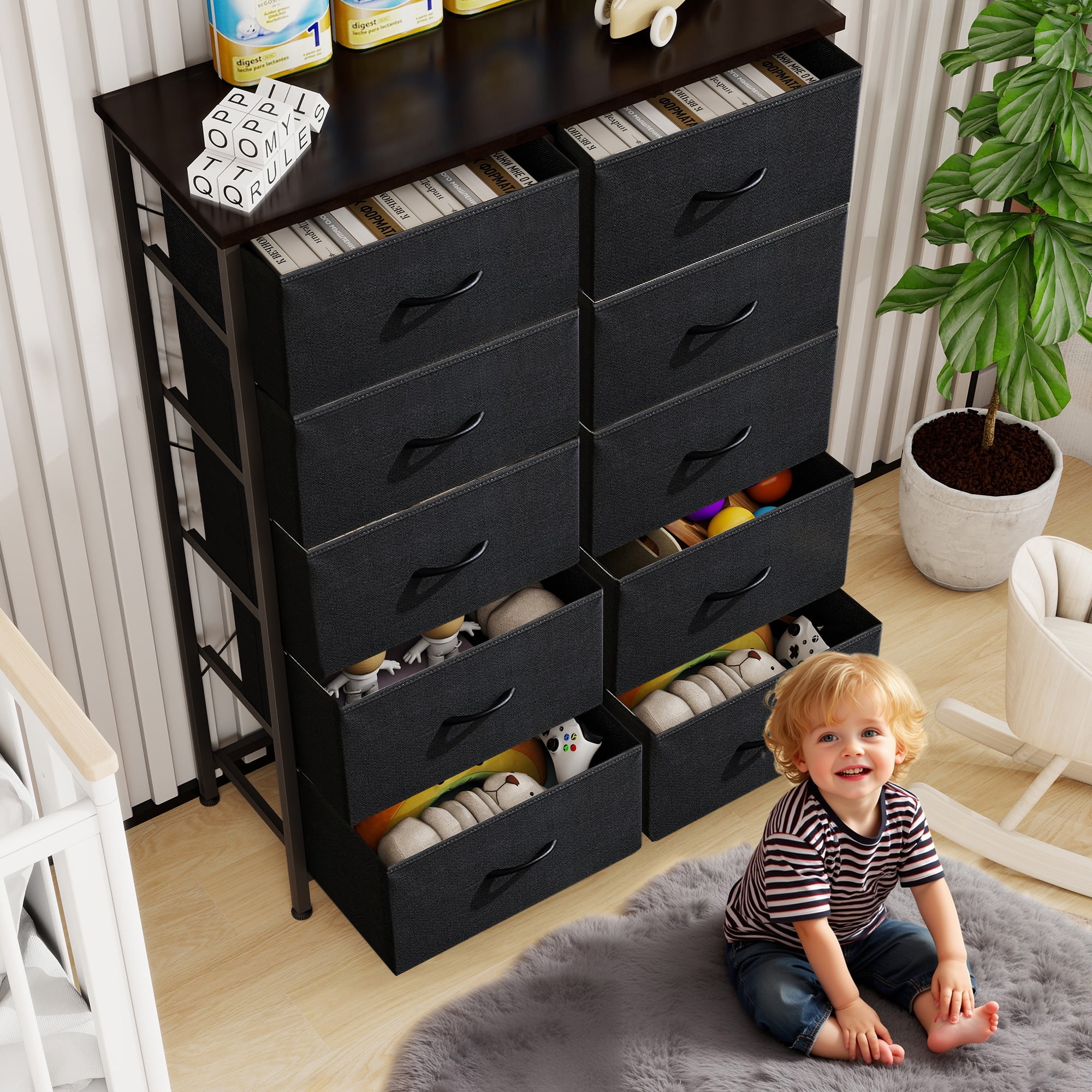 Nextay 10-Drawer Fabric Dresser for Bedroom, Storage Dresser Closet with Steel Frame & Wooden Top for Living Room, Dressing Room, Entryway, Black