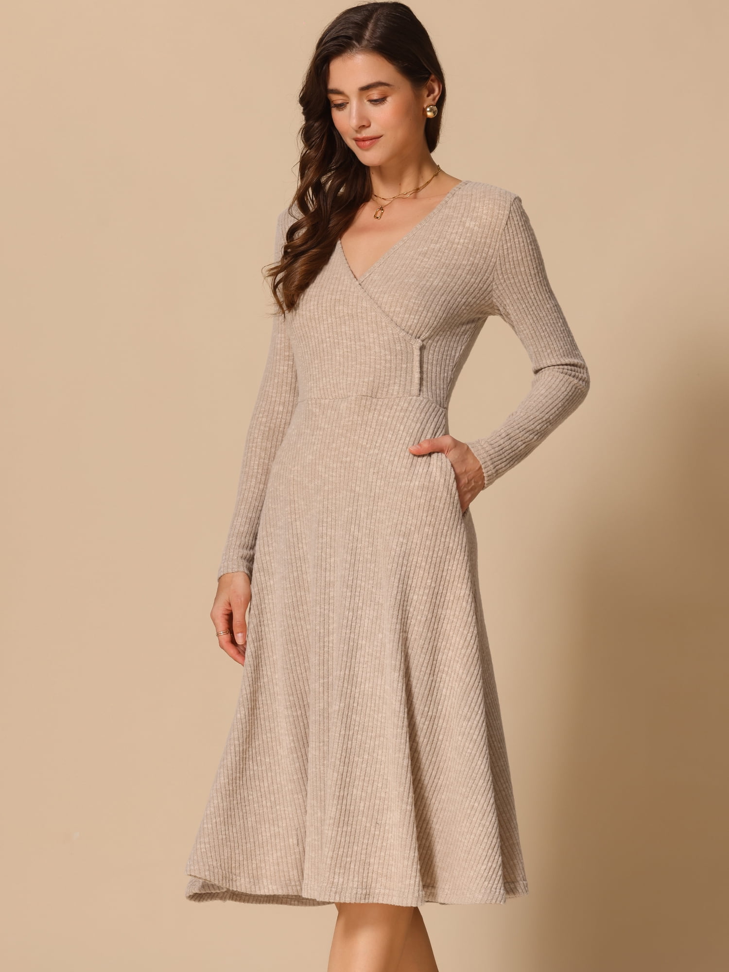 DARING DIVA Knit Ribbed Midi Deep V Wrap A-Line Dress L Khaki