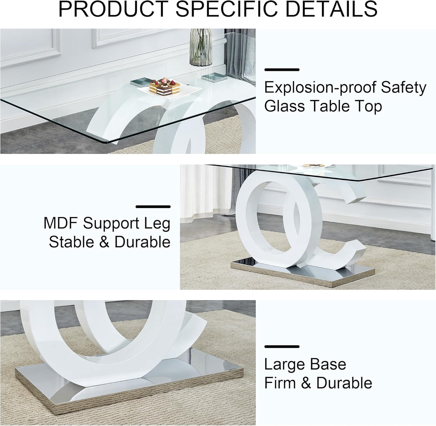 LUFTUT 7-Piece Glass Dining Table Set for 6, 63" Rectangular Tempered Glass Table with White OC-Shaped MDF Pedestal & Silver Base, 6 PU Leather Chrome Cantilever Chairs