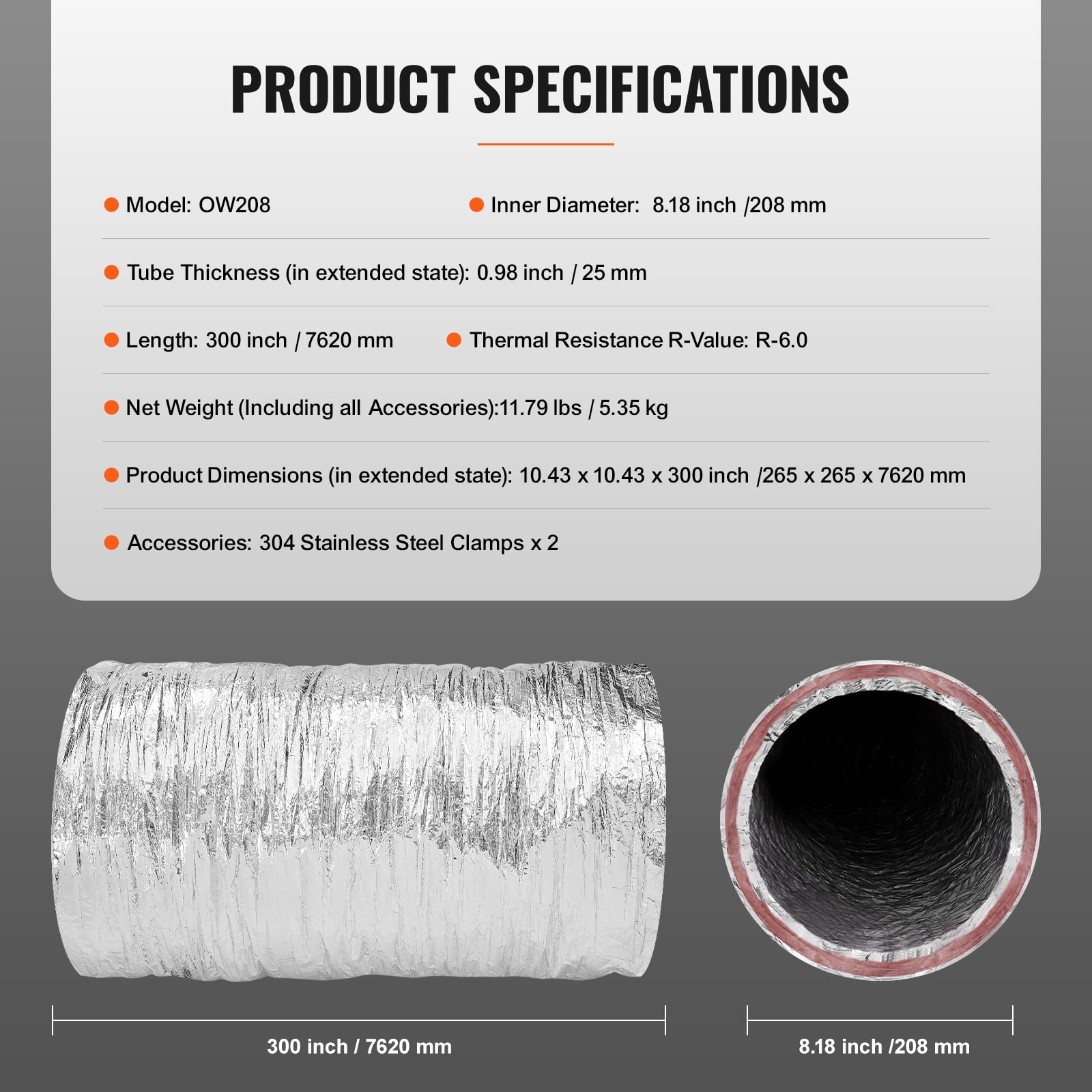 KFFKFF 8in x 25ft Insulated Flexible Duct Dryer Vent Hose HVAC Ventilation R-6.0