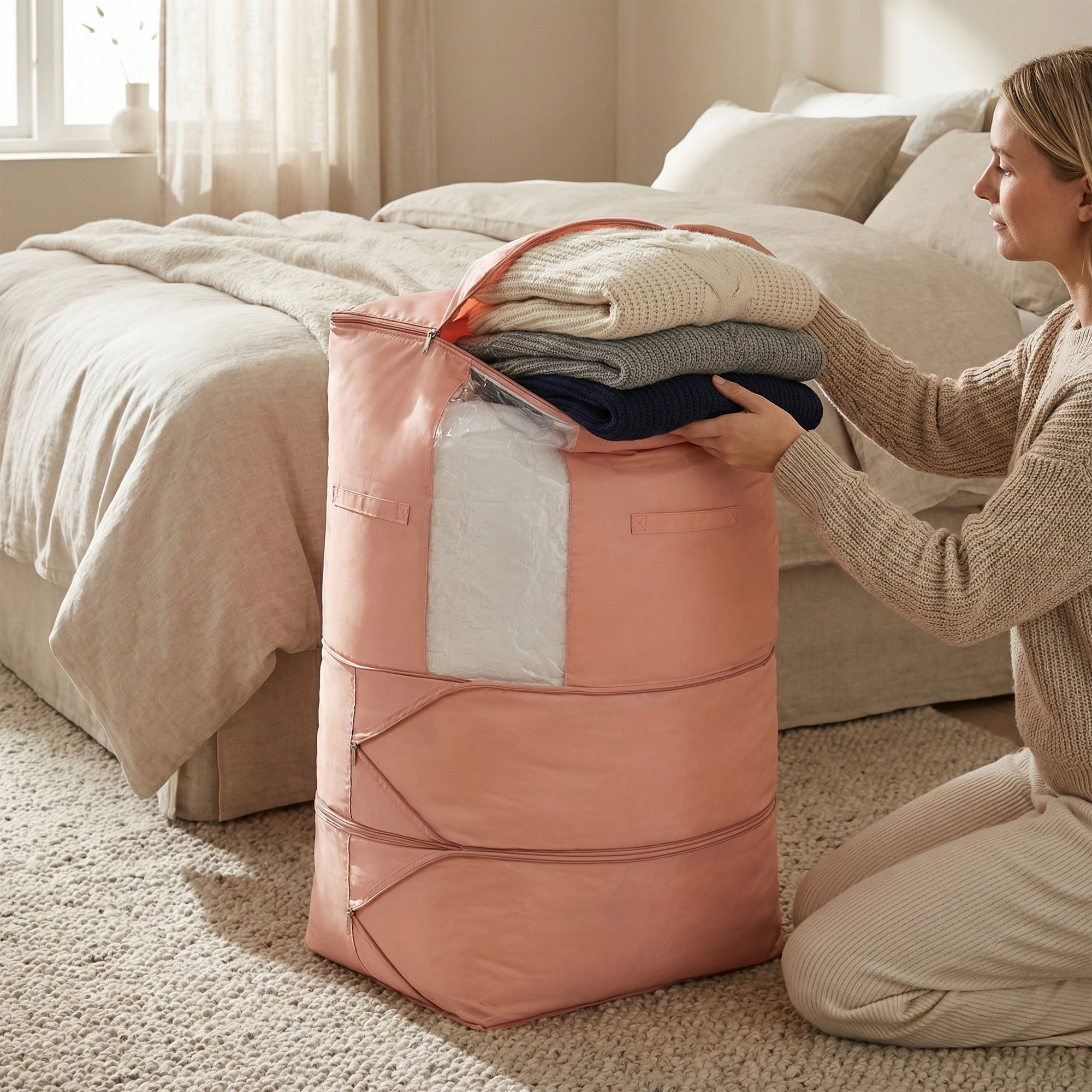 Unique Bargains Foldable Storage Bag for Organizing Bedroom Pink 21.3"x16.5"x35.4"