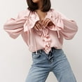 thumbnail image 7 of V Neck Blouses for Women Flowy Ruffle Tie Long Sleeve Fall Shirts Party Ladies Elegant Dressy Evening Casual Tops Pink L, 7 of 7