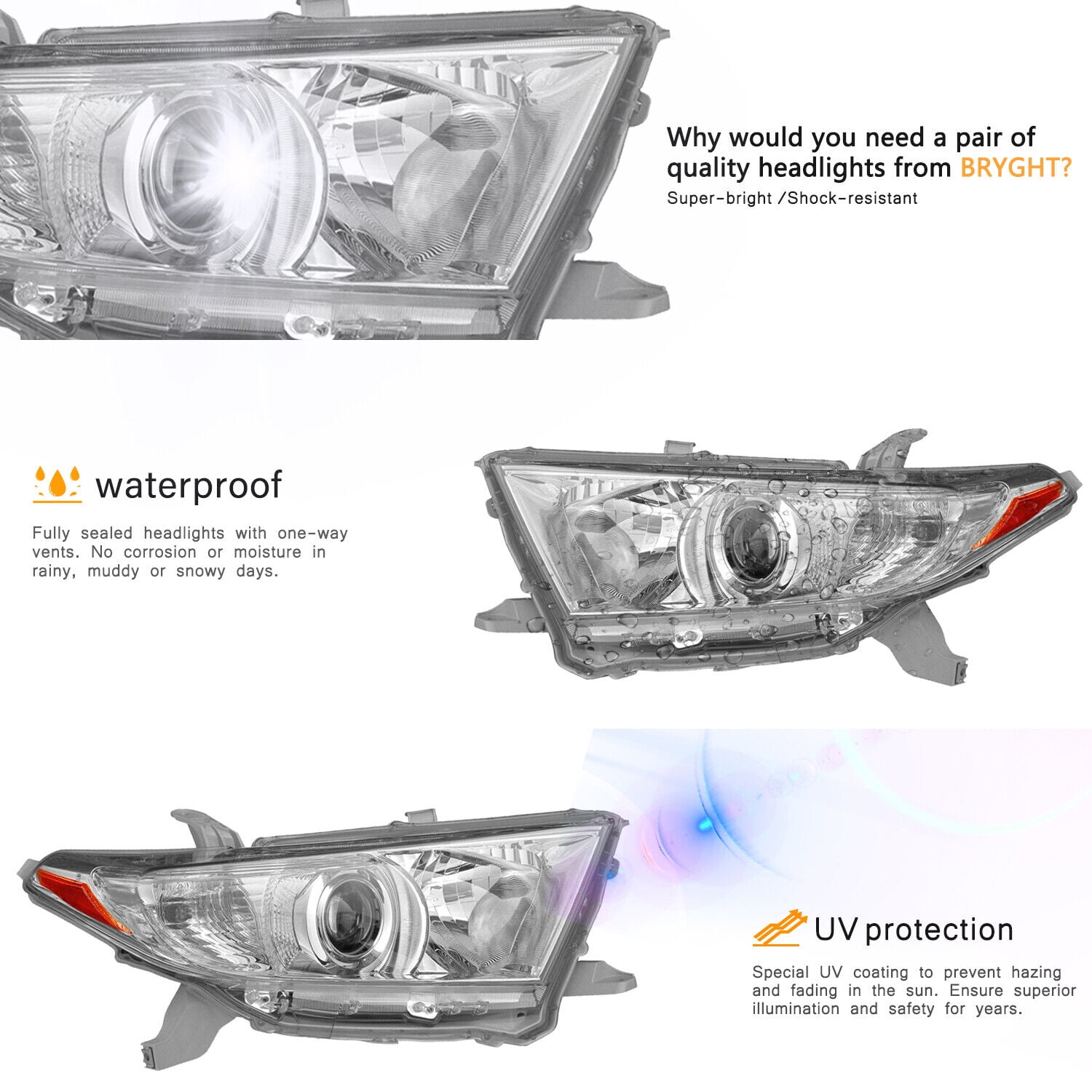 For 2011-2013 Toyota Highlander Chrome Headlights Amber Corner Lamps Left+Right