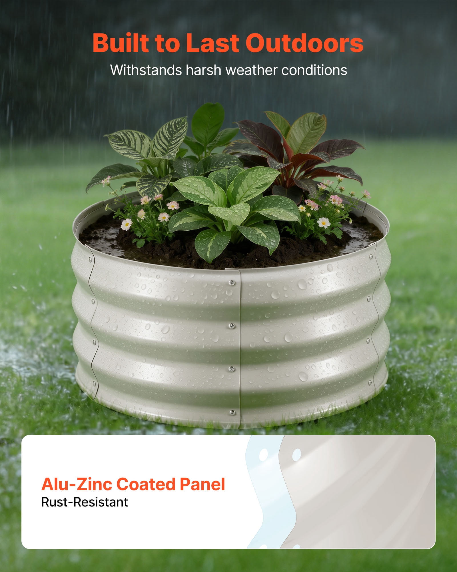 VEVOR 3 Pcs Galvanized Raised Garden Beds, 2 x 2 x 1 ft, Round Metal Planter Boxes Kit Outdoor, Bottomless Elevated Garden Boxes with Gloves, Alu-Zinc, for Planting Flowers Vegetables Herbs, Beige