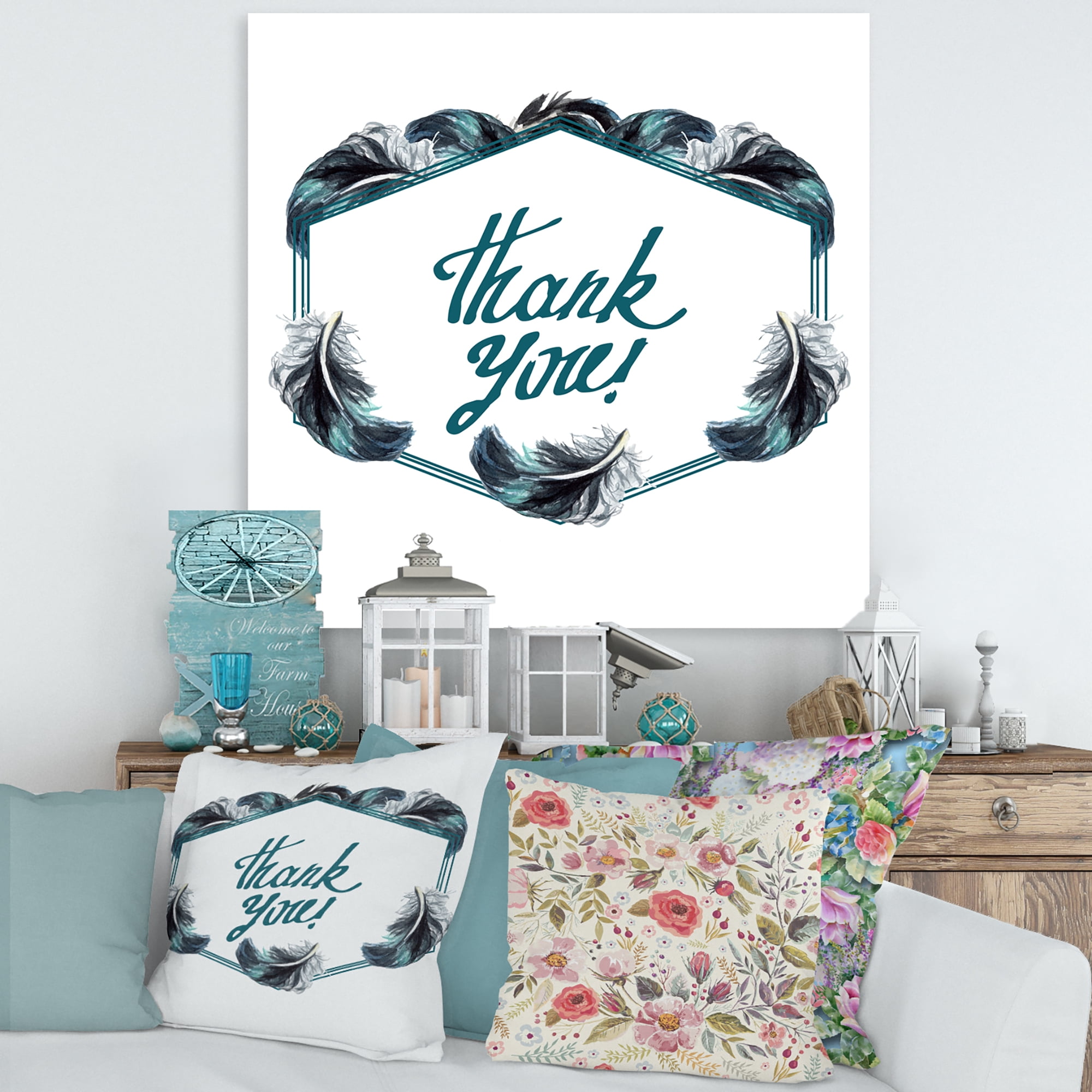 Designart ' Black Boho Art Feathers Thank You ' Bohemian & Eclectic Canvas Wall Art Print
