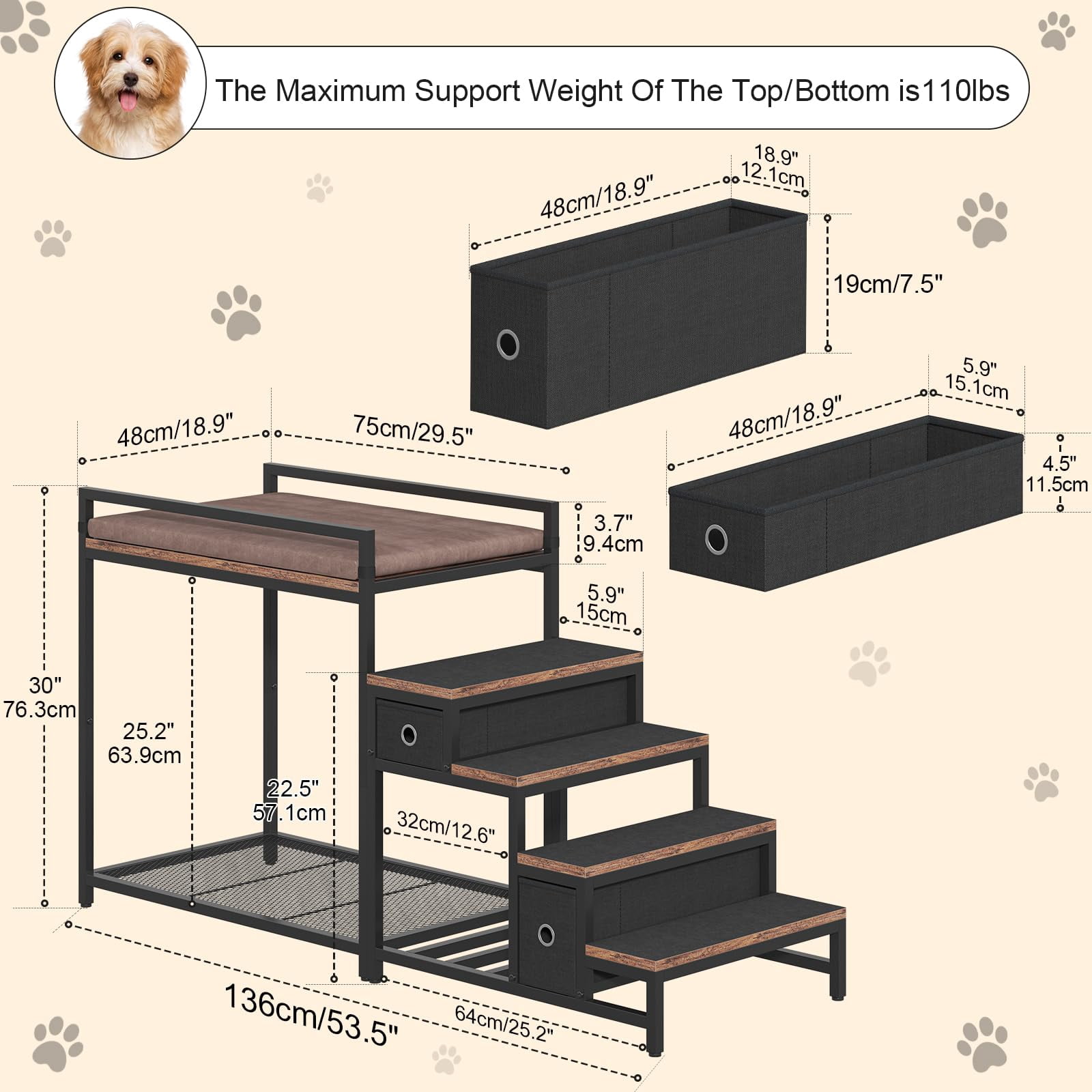 Pet Bunk Bed with Stairs Storage Drawers, Multi-Level Elevated Dog Cat Bed for Window Perch or Bedside Lounge, Foam Upholstered Platform, Black