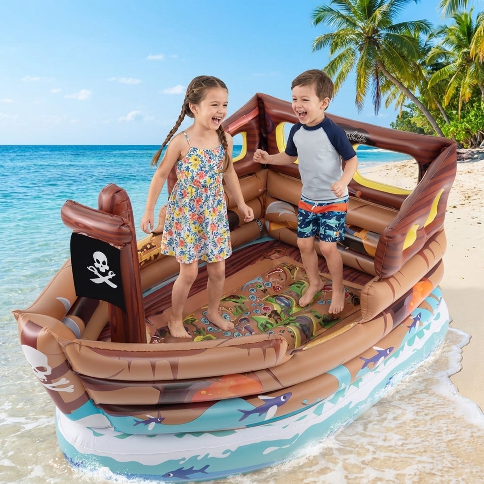Redsmile Inflatable Pirate Ship Playhouse for Toddlers, Indoor Playground with Built-in Motor, Toy Sword and Pirate Hat, Kids Play Tent for 2 Kids 3+, Christmas Gift, Brown