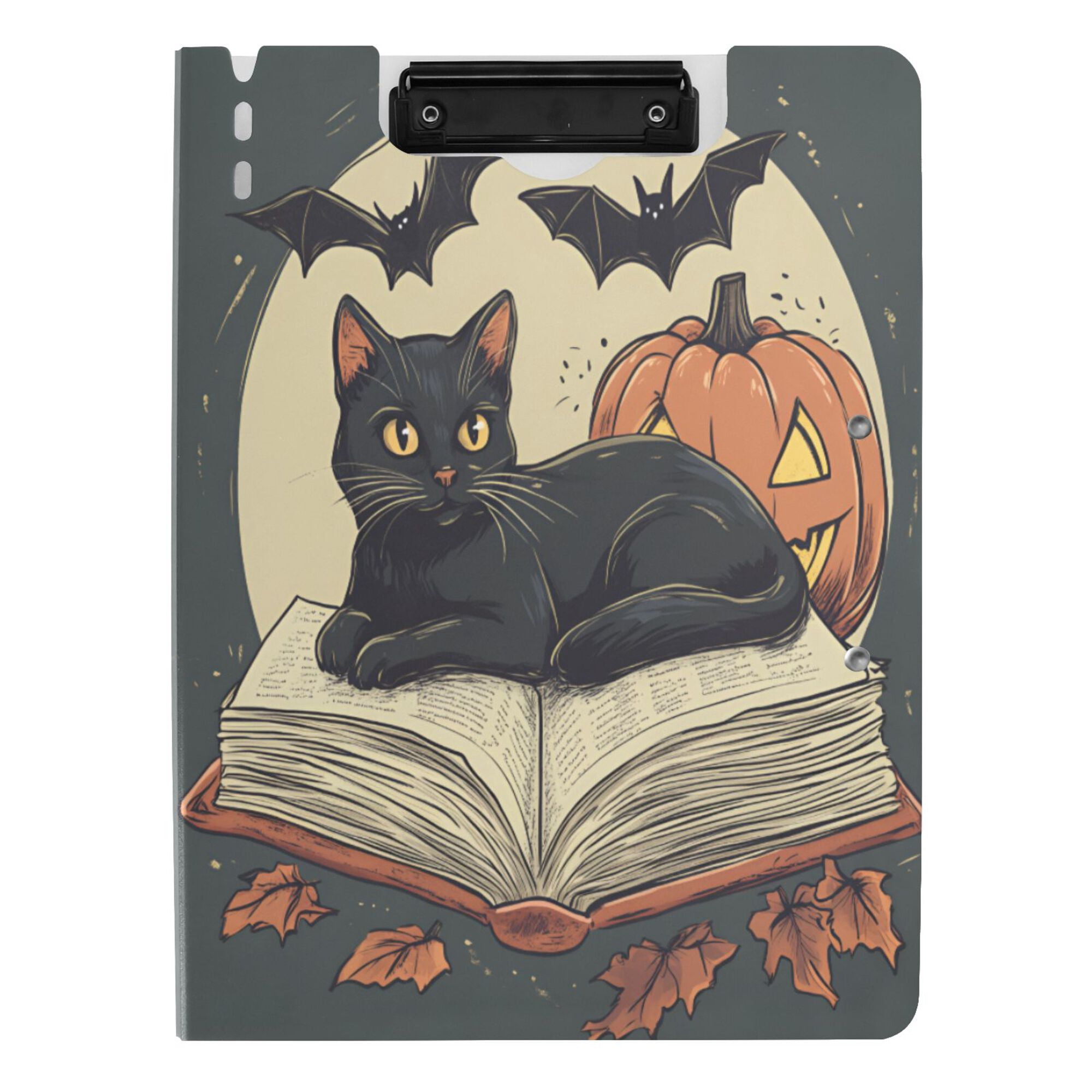 FORMRS A4 Clipboard Folder with Pen Holder Horizontal Foldable School Office Binder, Black Halloween Cat