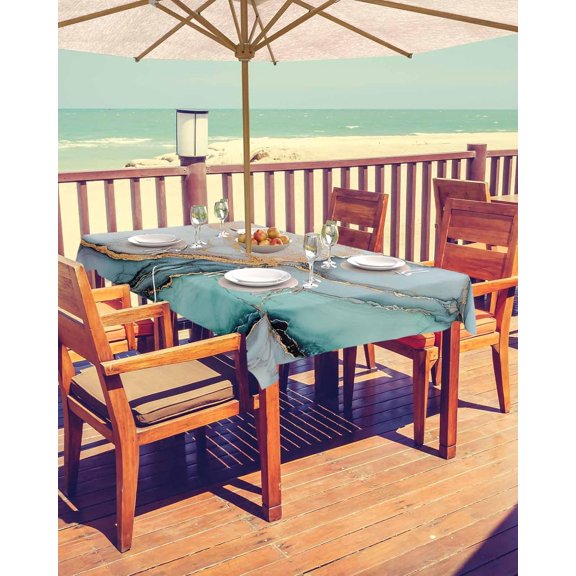 Blue Teal Marble Outdoor Tablecloth - 60x120 Inch Rectangle Dining Table Cover, Modern Ink Painting Abstract Waterproof Outdoor Table Cloth with Umbrella Hole & Zipper for Picnic/Patio