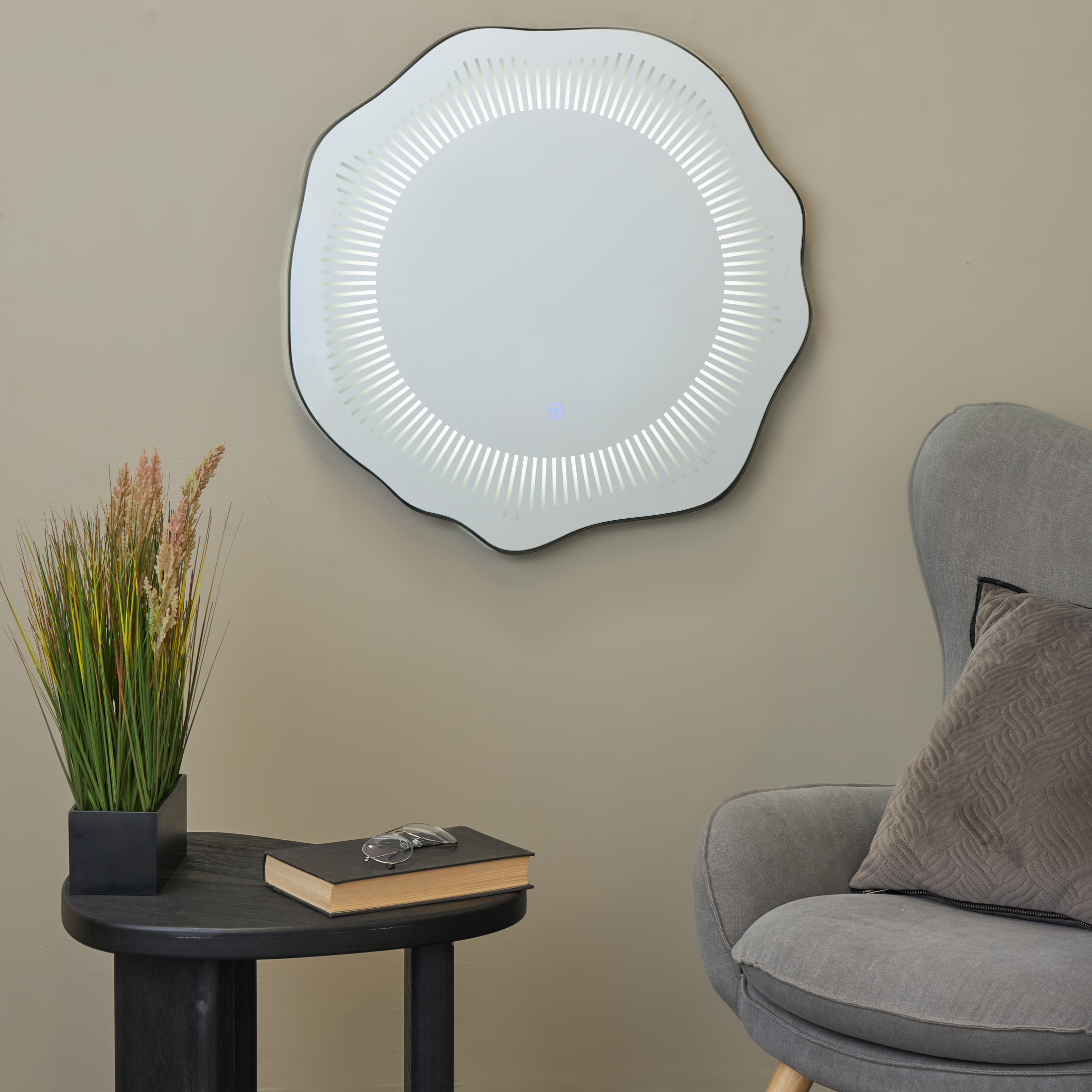 DecMode 26" x 25" Silver Wavy LED Abstract Wall Mirror with Radial Pattern