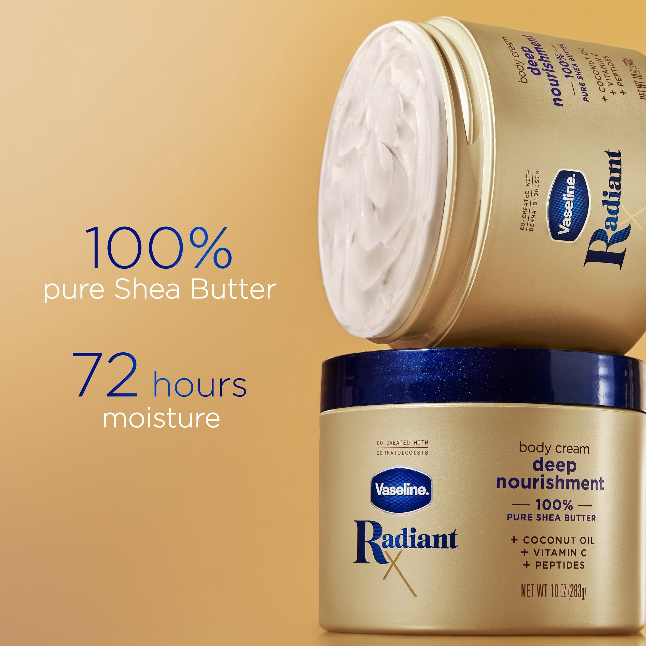 Vaseline Radiant X Deep Nourishment Body Cream 100% Pure Shea Butter, Coconut Oil, Vitamin C, & Peptides, 10 oz