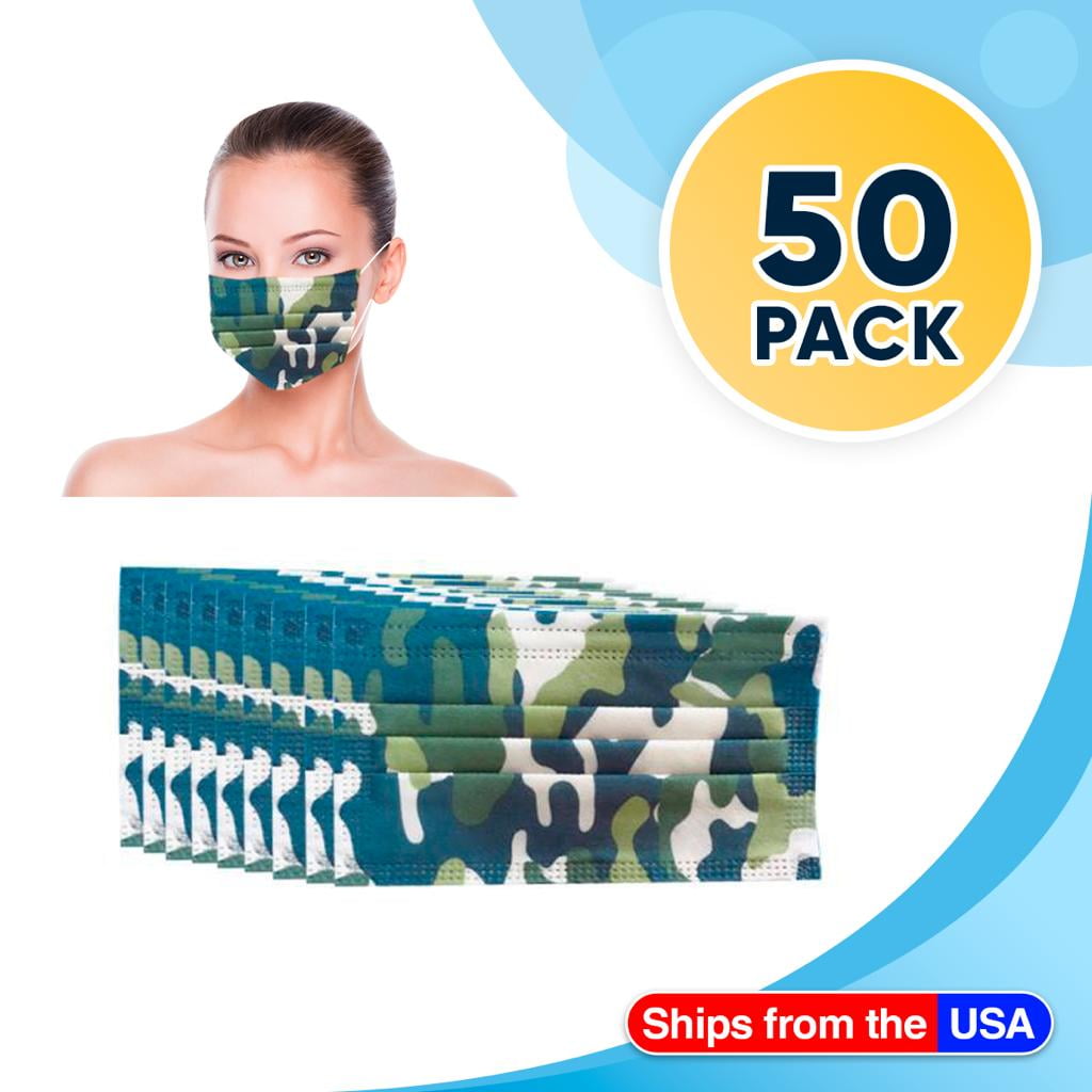 50 Disposable Face Masks Camo , 3-ply Breathable Masks Ear Loop Mask