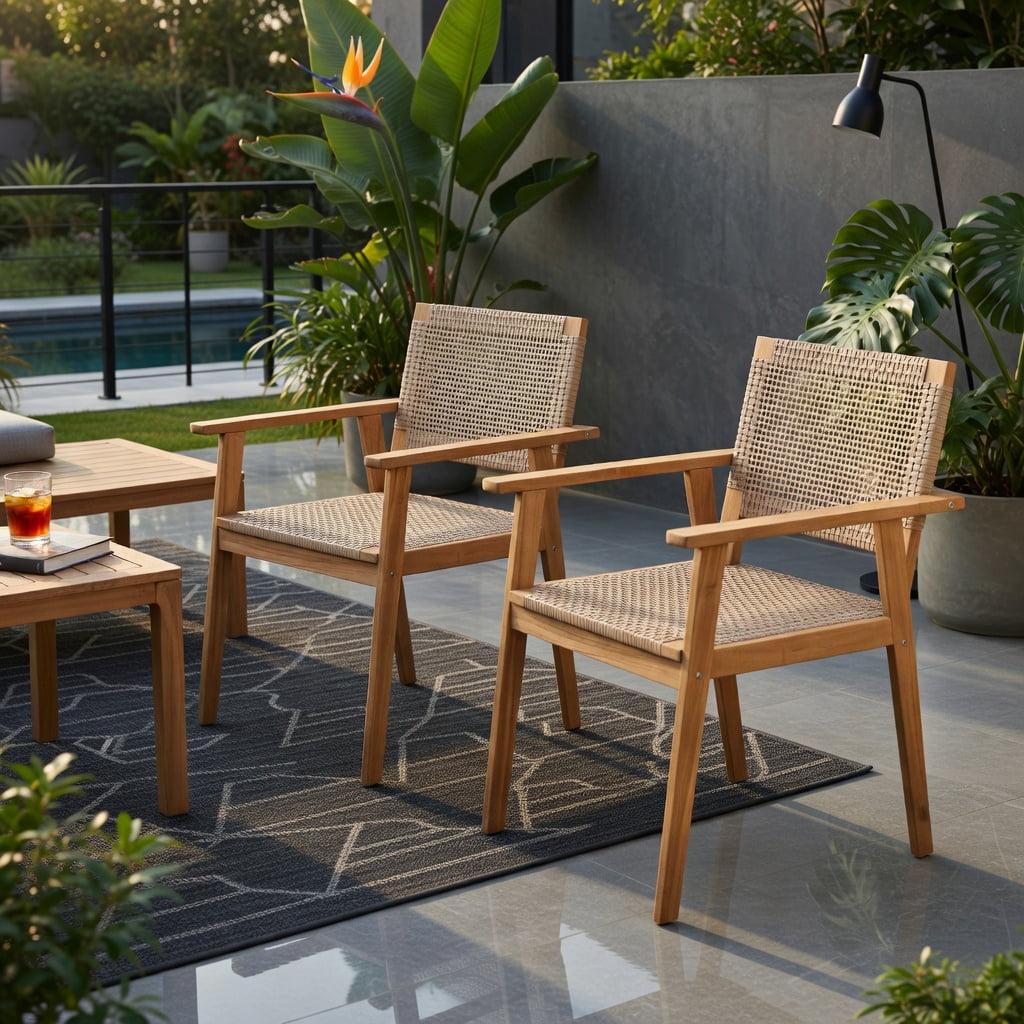 Hommoo 2-Pack Acacia Wood & PE Rattan Outdoor Dining Chairs, Weather-Resistant Patio Chairs with Ergonomic Backrest, Sturdy Armrests, Natural
