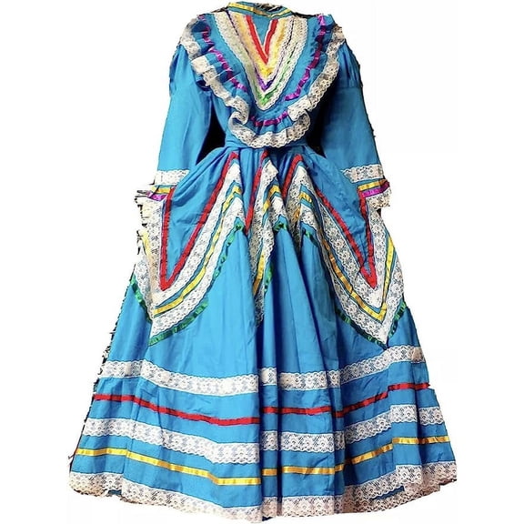 Girls Jalisco Dress Wide Skirt Folklorico 5 De Mayo Fiesta Dance X-Small Turquoise