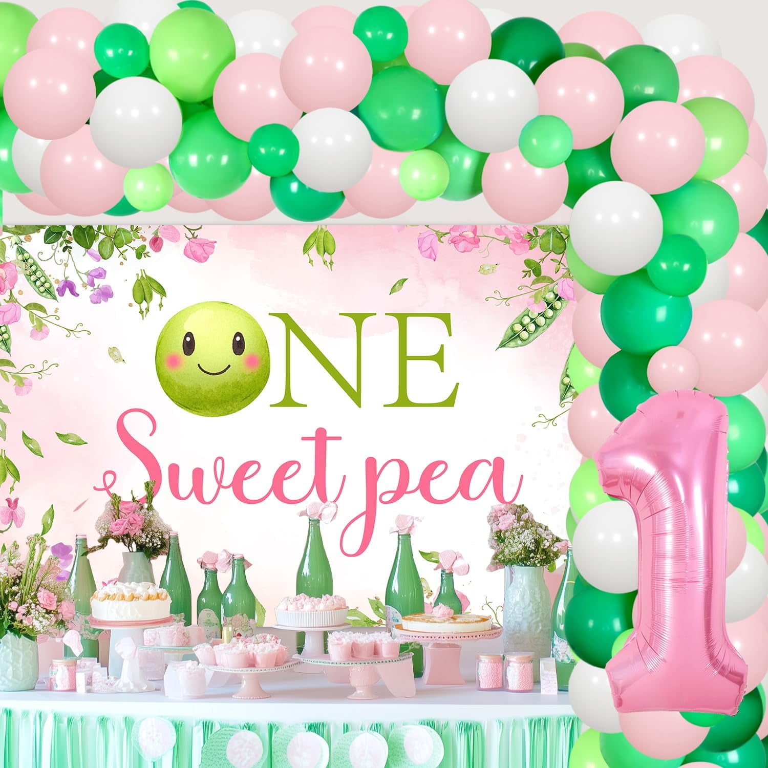 Merrystorm One Sweet Pea Birthday Party Decor for Girls Sweet Pea Themed 1st Birthday Party DIY Garland Backdrop Kits with 1 Number 1 Foil Balloon and 73pcs Latex Balloon Pea First Party Supplies