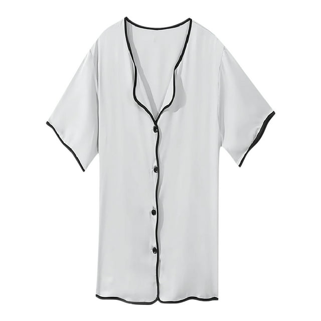 Timegard Chemises de Nuit pour Femmes Satin Col en V Échancré Boutonné Manches Courtes Tenue de Nuit Confortable Courte Robe de Nuit