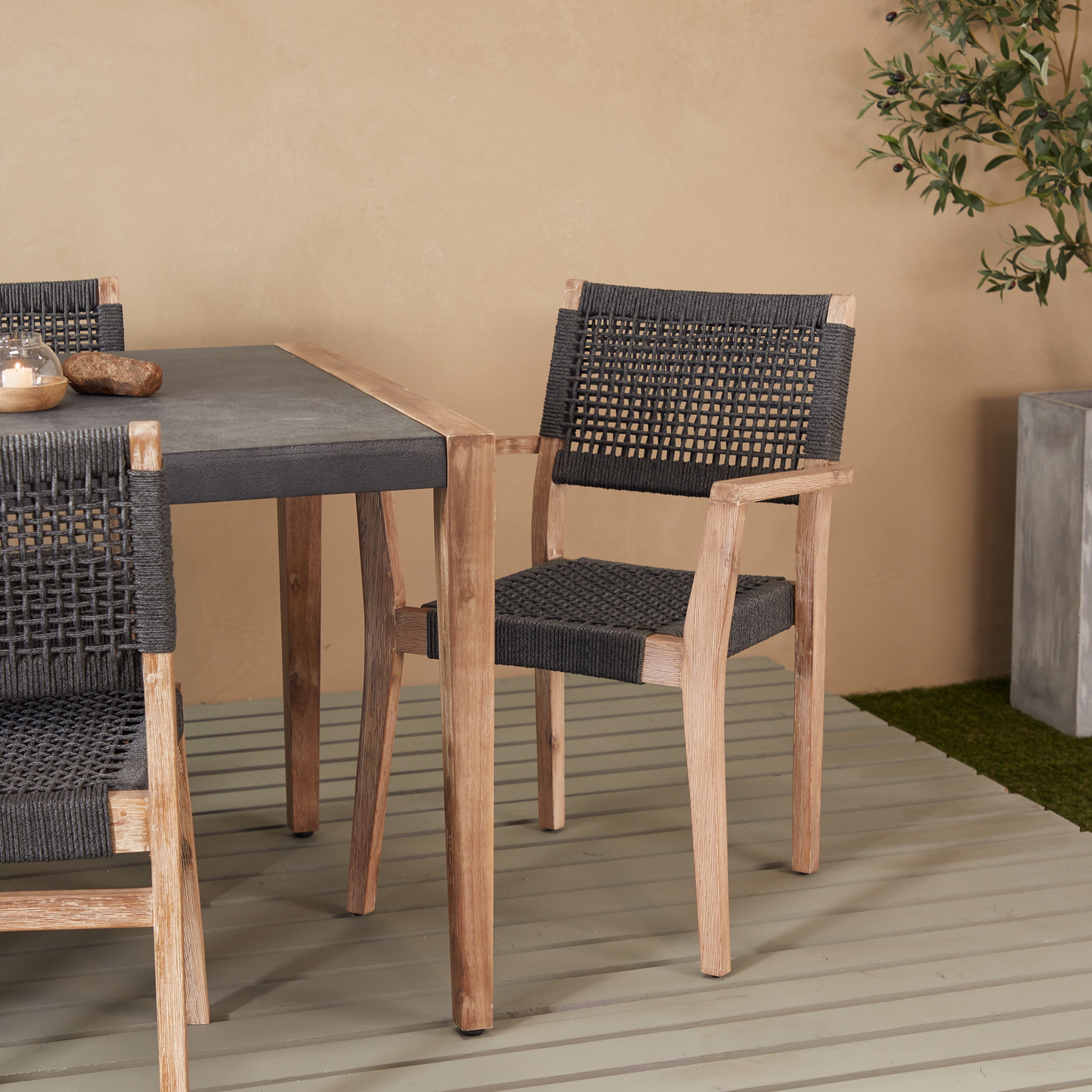 DecMode Outdoor Dining Chair with Woven Seat and Back - Wood - Set of 2 - Dark Gray