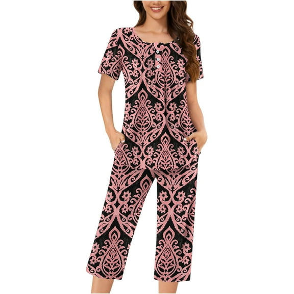 Levmjia Womens Pajama Set Polyester Short Sleeve Sleepwear Loungewear 2 Piece Outfit Comfortable Soft Casual Summer Nightwear for Women