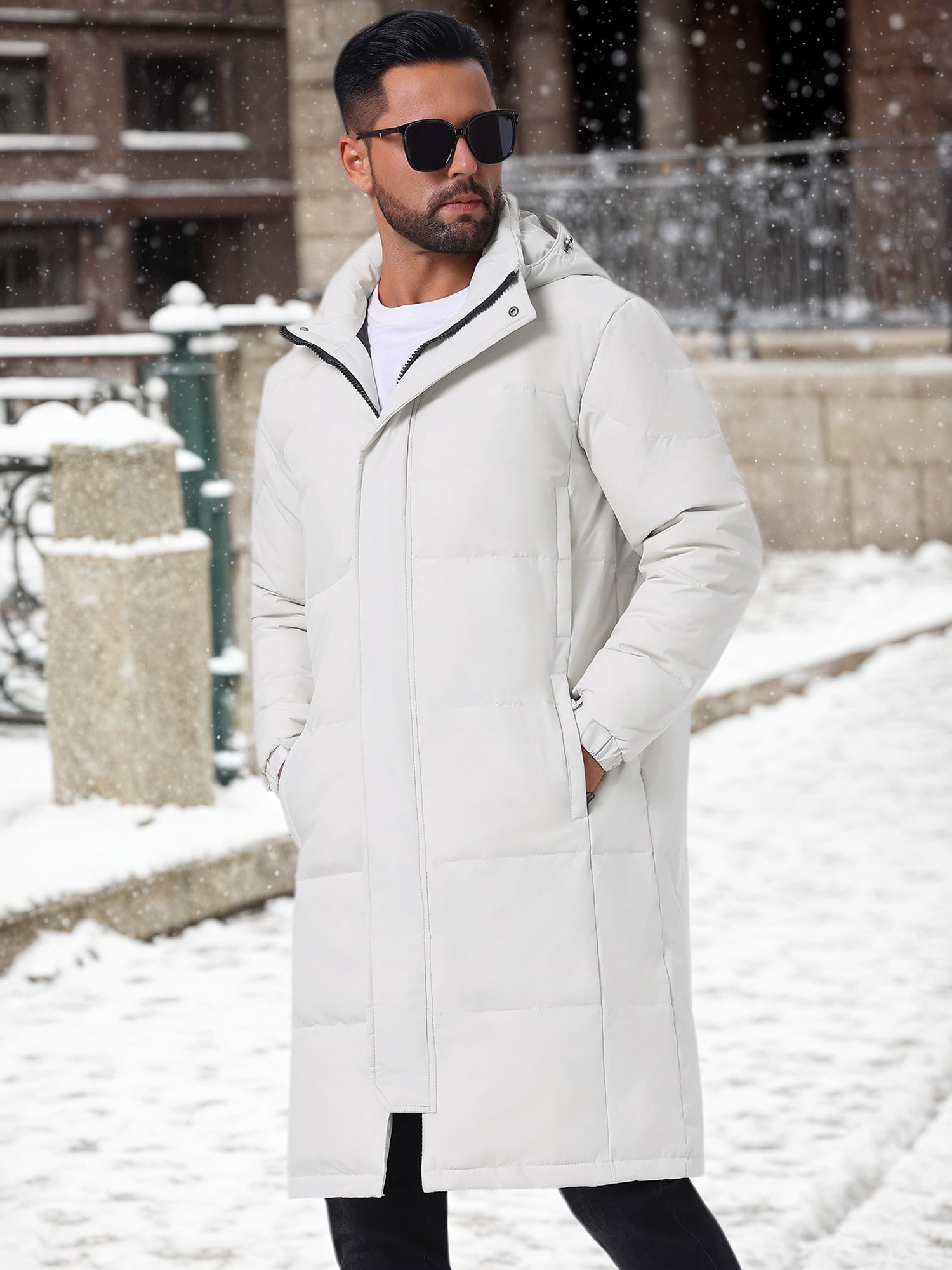 DARING DIVA Men's Full-Zip Detachable Hooded Long Quilted Puffer Jacket M White