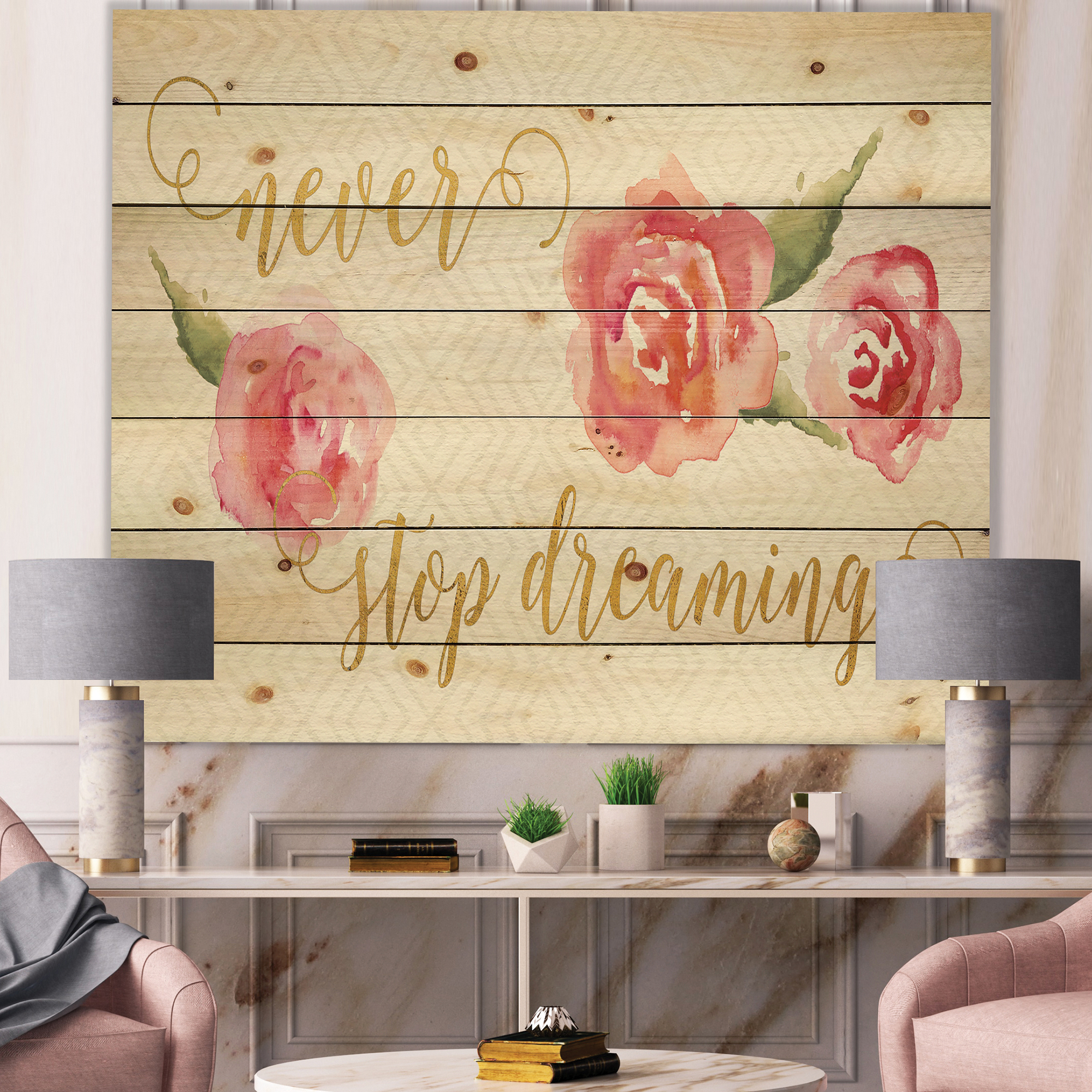 Designart 'Never Stop Dreaming Gold' Shabby Chic Print on Natural Pine Wood