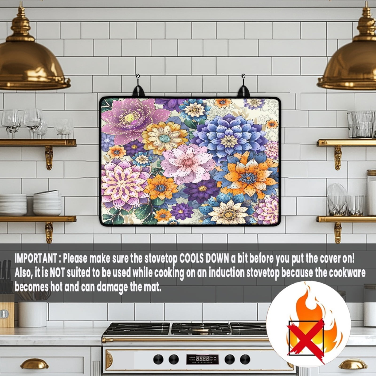 Renewold Stove Cover for Glass Top Stove, Scratch Resistant Stove Top Cover Heat Resistant Foldable Cooktop Cover Extra Counter Space, 29 x 21 Inch, Bohemian Flower Pink Yellow