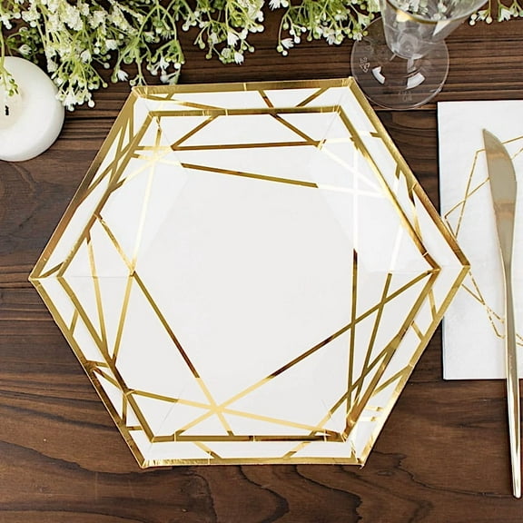 BalsaCircle 25 White 7" Hexagon Disposable Salad Paper Plates Gold Trim Wedding Party