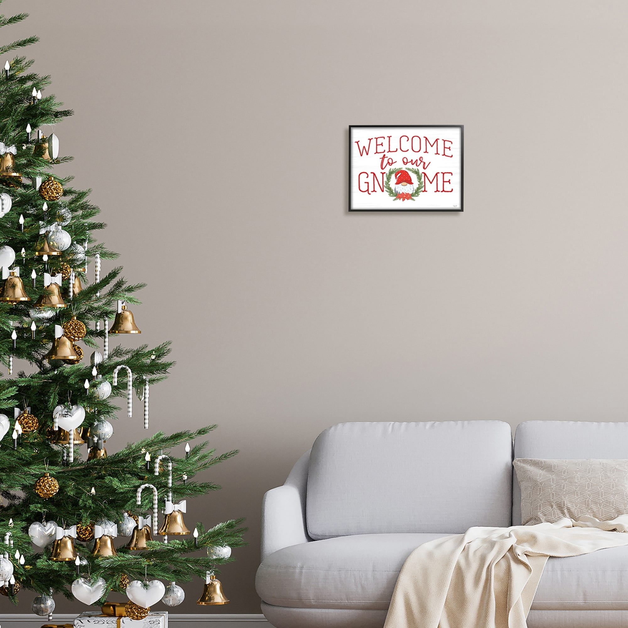 Gnome Welcome Sign Cottage Laurel Grainy Pattern Holiday Graphic Art Framed Art Print Wall Art