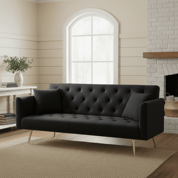 Homy Casa 79" Velvet Convertible Futon Sofa Bed, Modern Tufted Sleeper Couch, Black