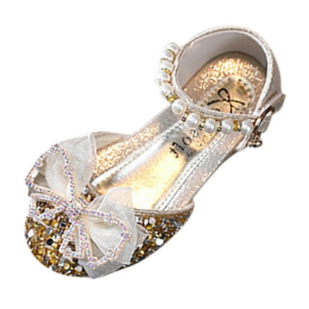 Kureaily Summer Girls Sandals Dress Performance Dance Shoes Flat Light Sequins Pearl Mesh Bow Buckle Little Girl Flip Flops Slide for Big Kids 2.5-3 Years