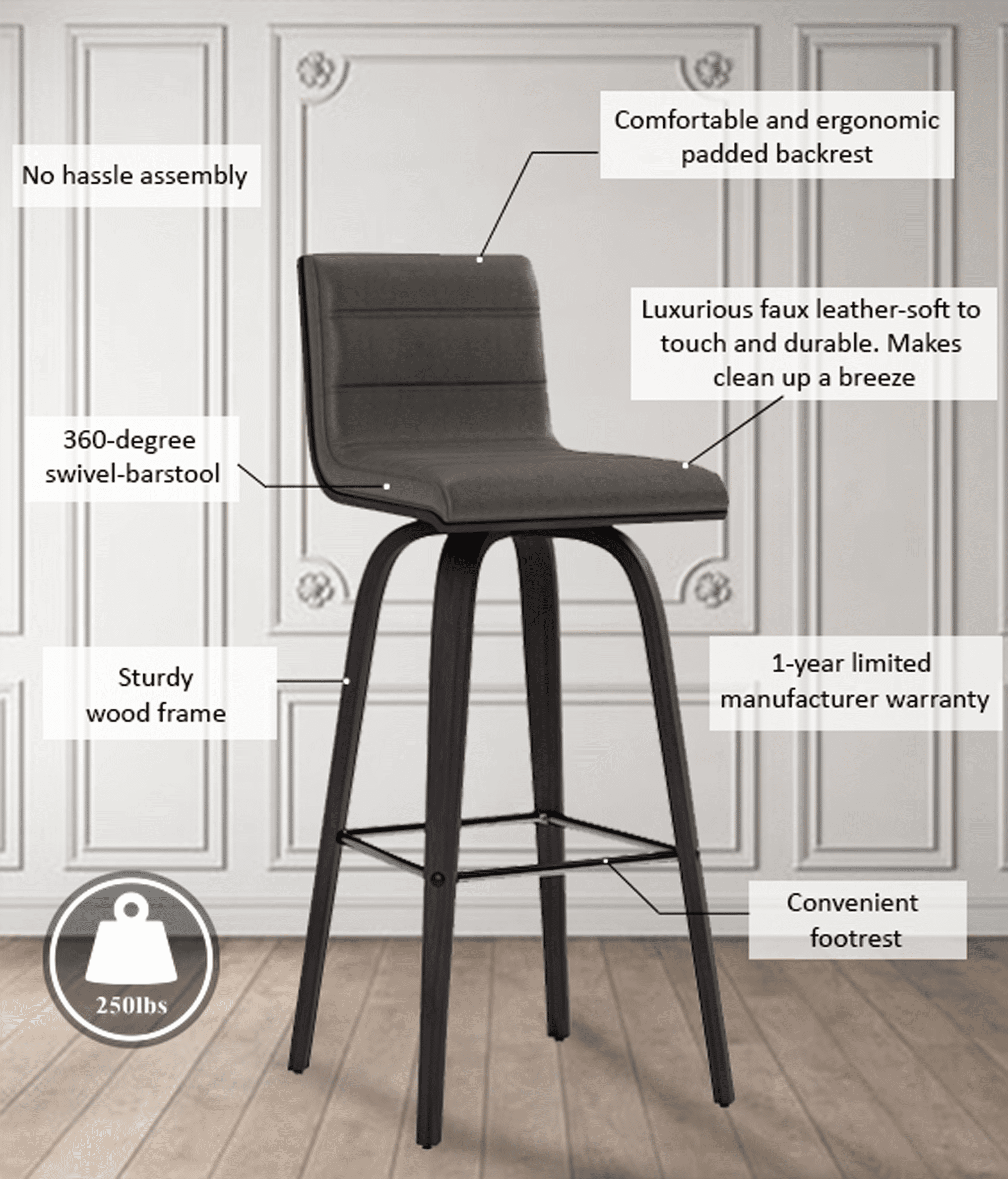 Vienna 30" Swivel Bar Stool in Black Wood Finish with Gray Faux Leather - Set of 3