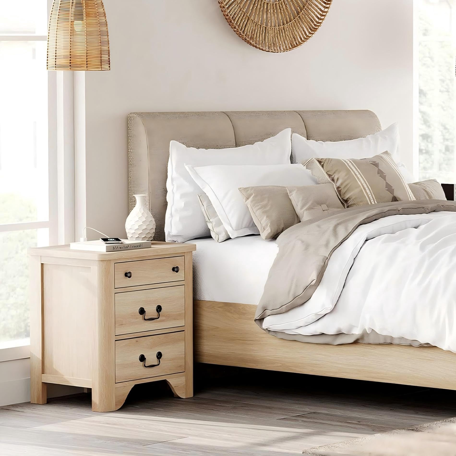 Farmhouse Nightstand with Charging Station, 3-Drawer Night stand, Wood End Table for Bedroom, Oak