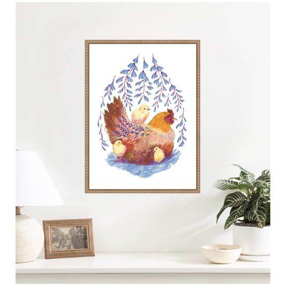 Kate and Laurel Framed Canvas Wall Art Print Whisteria Hen by Lucia Gianello, 18 x 24 Sylvie Beaded Rustic Natural Frame, Whimsical, Animal Art for Wall Decor