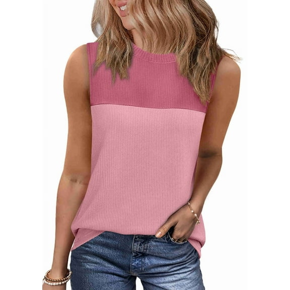 Tank Top for Women Casual Knitted Summer Sleeveless Tops Crewneck Spring Color Block Shirts Fashion 2025 Pink L