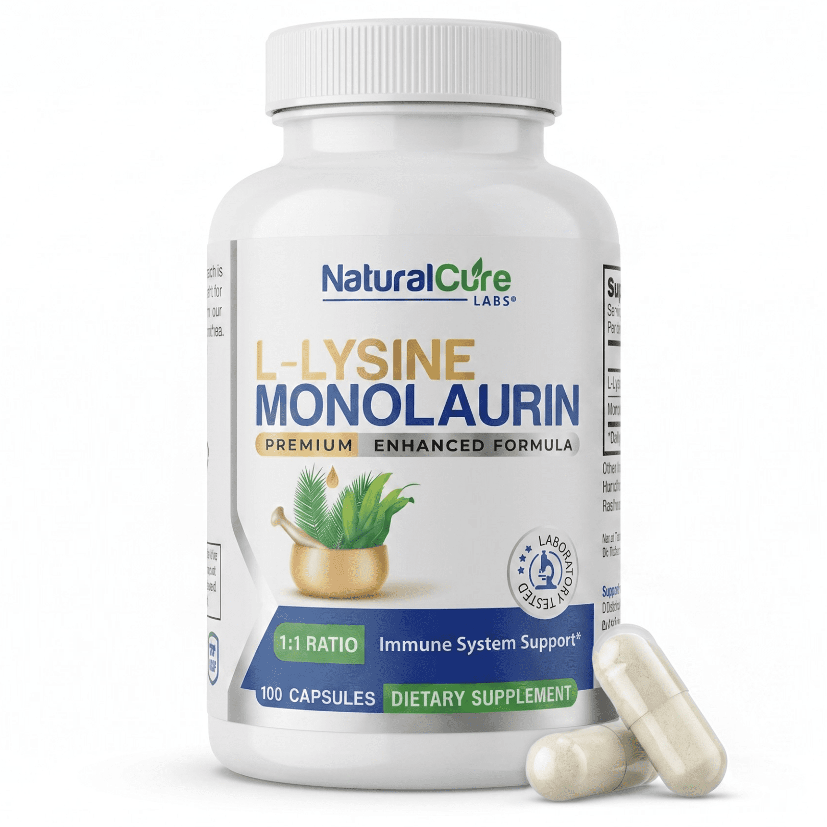 L-Lysine with Monolaurin 600mg - Dual Ingredient Formula - 100 Vegan Capsules Premium Supplement - Natural Cure Labs