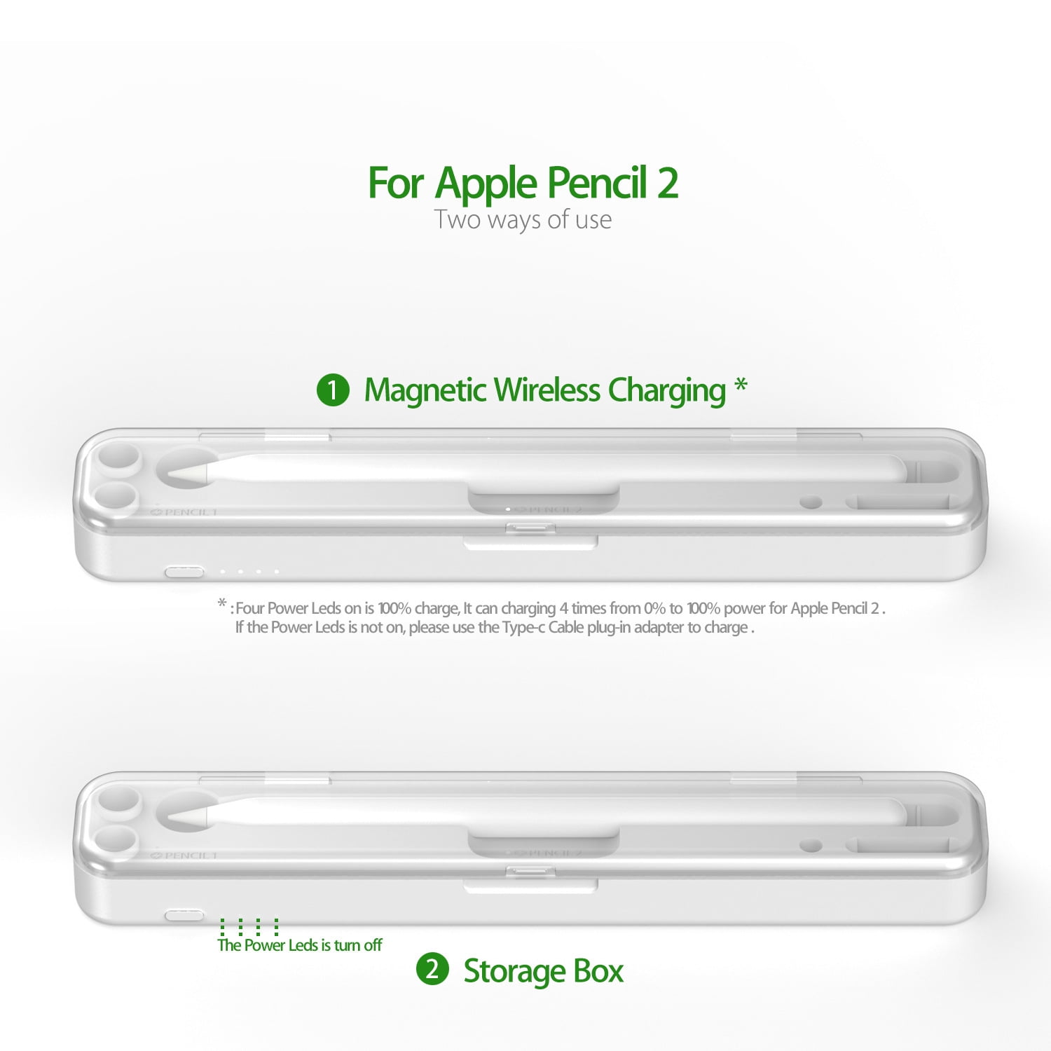 2in1 Wireless Charging Case for Apple Pencil 1st / 2nd Generation, Built-in Battery Charger, Portable iPad Pencil Box Holder