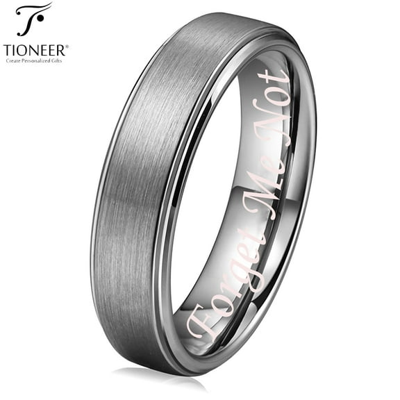 Tioneer Tungsten Carbide Brushed Pipe Cut Polished Edges Wedding Band Ring w/Free Forget Me Not Engraved 6MM