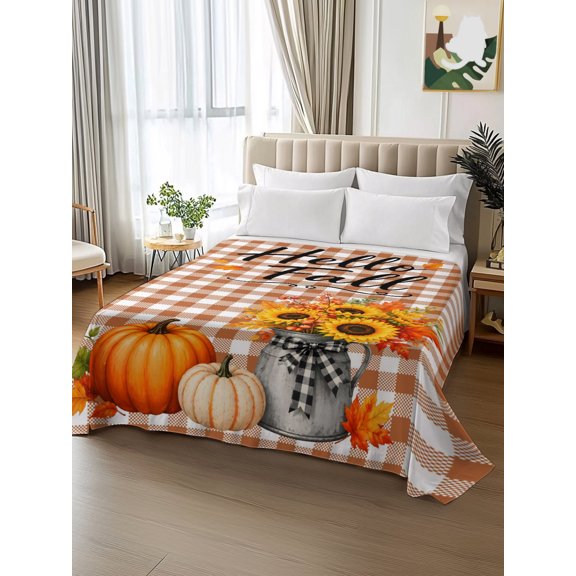 King Size Flat Sheet Only,Hello Fall Words Farm Pumpkins Soft Top Bed Sheets Breathable Bedding Sheet Sunflowers Maple Leaves Microfiber Hotel Luxury Top Sheets