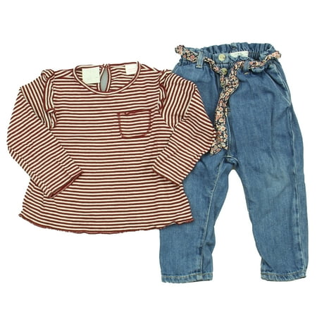 

Pre-owned Zara Girls Maroon Stripe | Blue Apparel Sets size: 9-12 Months
