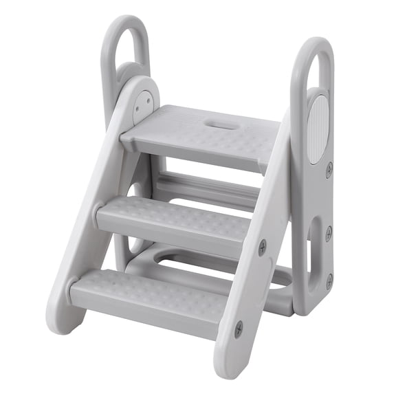 3-Step Toddler Step Stool with Handles – Adjustable, Non-Slip Step Stool for Bathroom, Kitchen, Toilet – Sturdy Plastic Helper for Kids – Grey and White