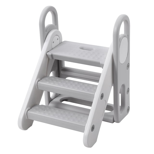 Collapsible 3 Step Toddler Step Stool with Handles, Adjustable Non-Slip Kids Counter Assistant Ladder, Sturdy Plastic Nursery Standing Tower for Bathroom and Potty Training, Yellow or Grey