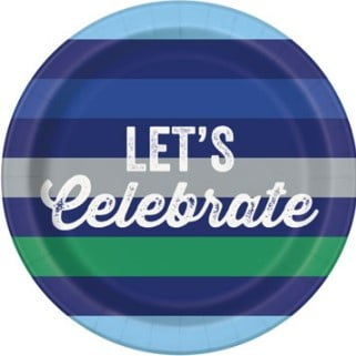 Striped "Let's Celebrate" Paper Plates, 7", Blue/Green, 10 Pieces, by Way To Celebrate