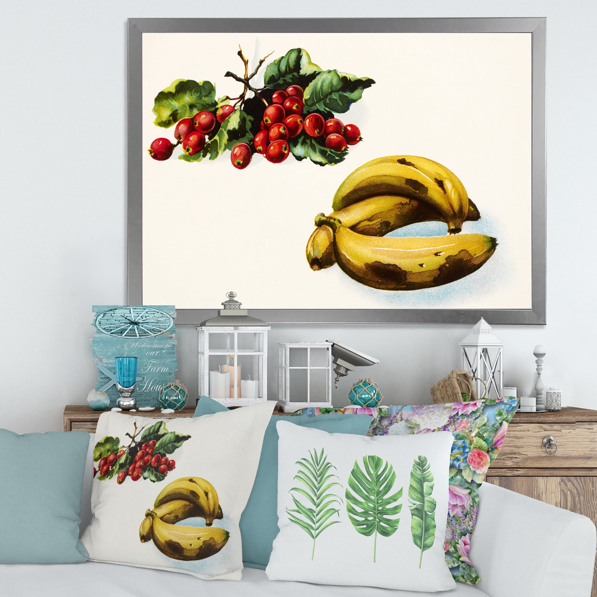 Designart 'Red Berries and Banana' Farmhouse Framed Art Print