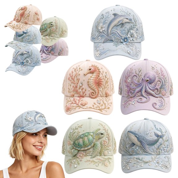 jiaxiM Raised Ocean Creatures Embroidery Baseball Cap Man Woman Soft Cotton Adjustable Hat for Daily Walking Shopping Travel Outdoor Sports Casual Street Matching Outfits
