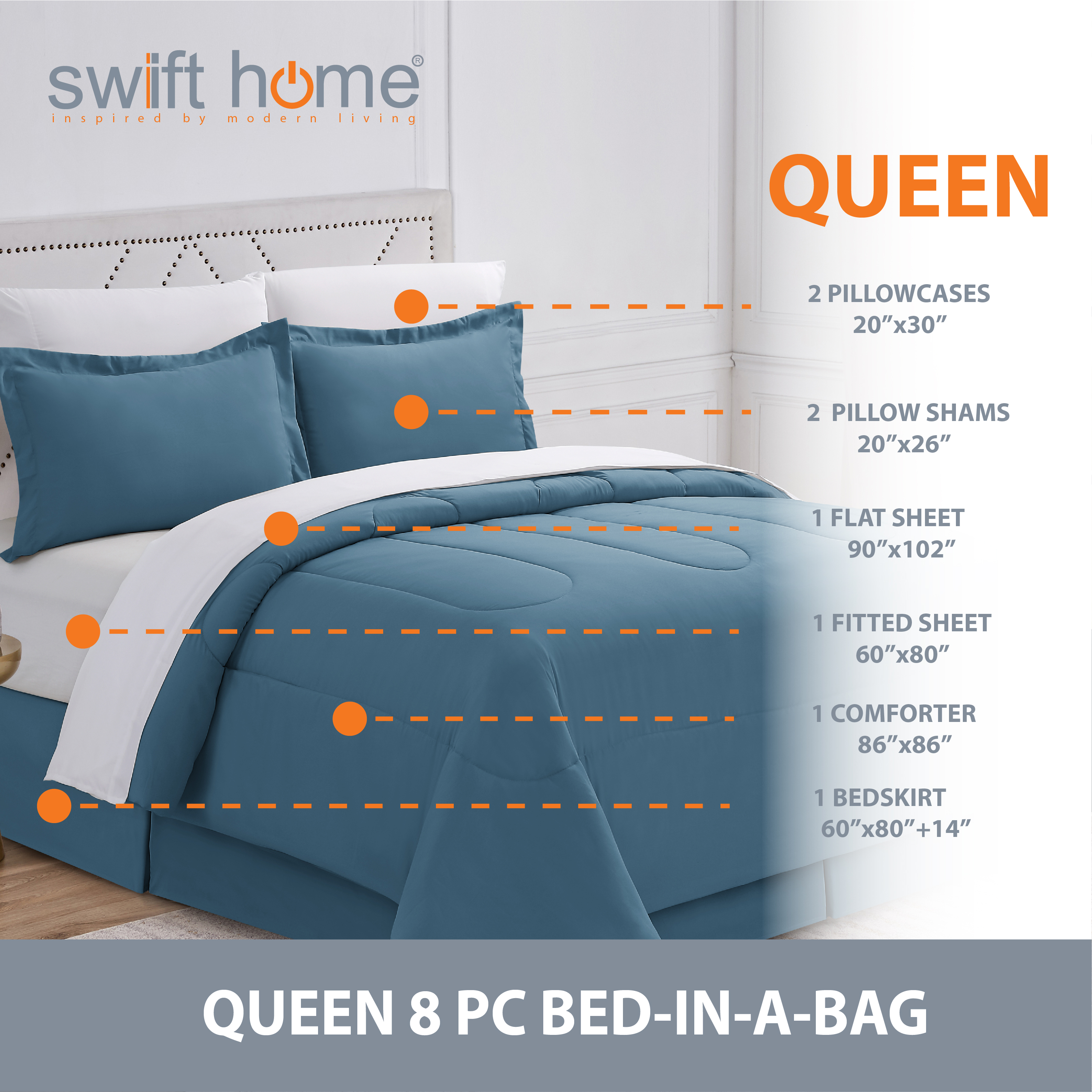 8PC Queen Complete Bedding Set (Comforter, Sheets, Pillowcases, Bed Skirt, Shams) Bed In A Bag, Blue