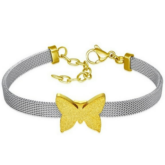 Stainless Steel Silver-Tone Mesh Butterfly Adjustable Womens Bracelet