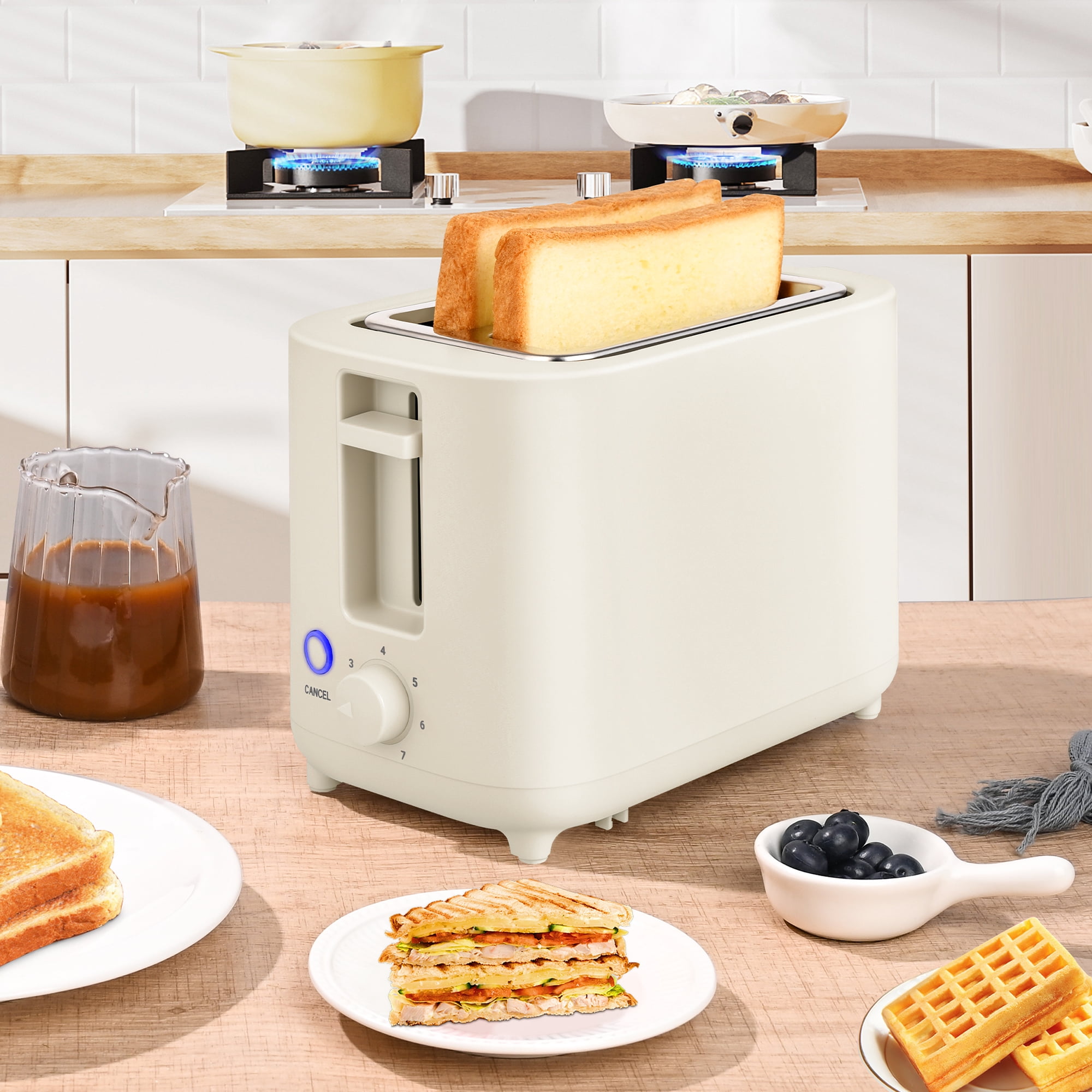 TomaChef 2-Slice Toaster, 7 Shade Settings, Extra-Wide Slots for Bagels and Bread, Removable Crumb Tray, Compact Design, Off-White