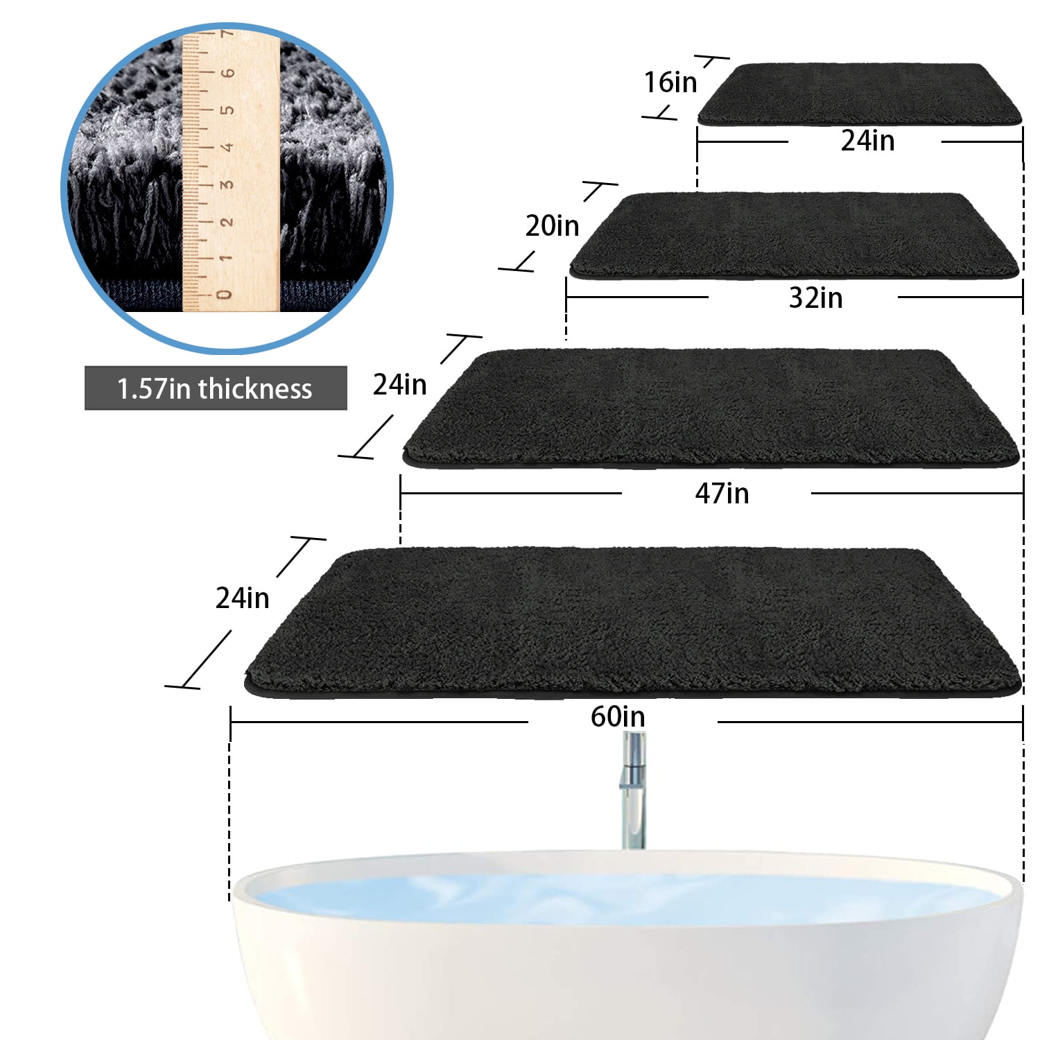 Large Black Bathroom Rugs, 16"×24" Absorbent Shaggy Shower Mat, Microfiber Bath Mats for Bathroom, Luxury Bathroom Floor Mats Rubber Back