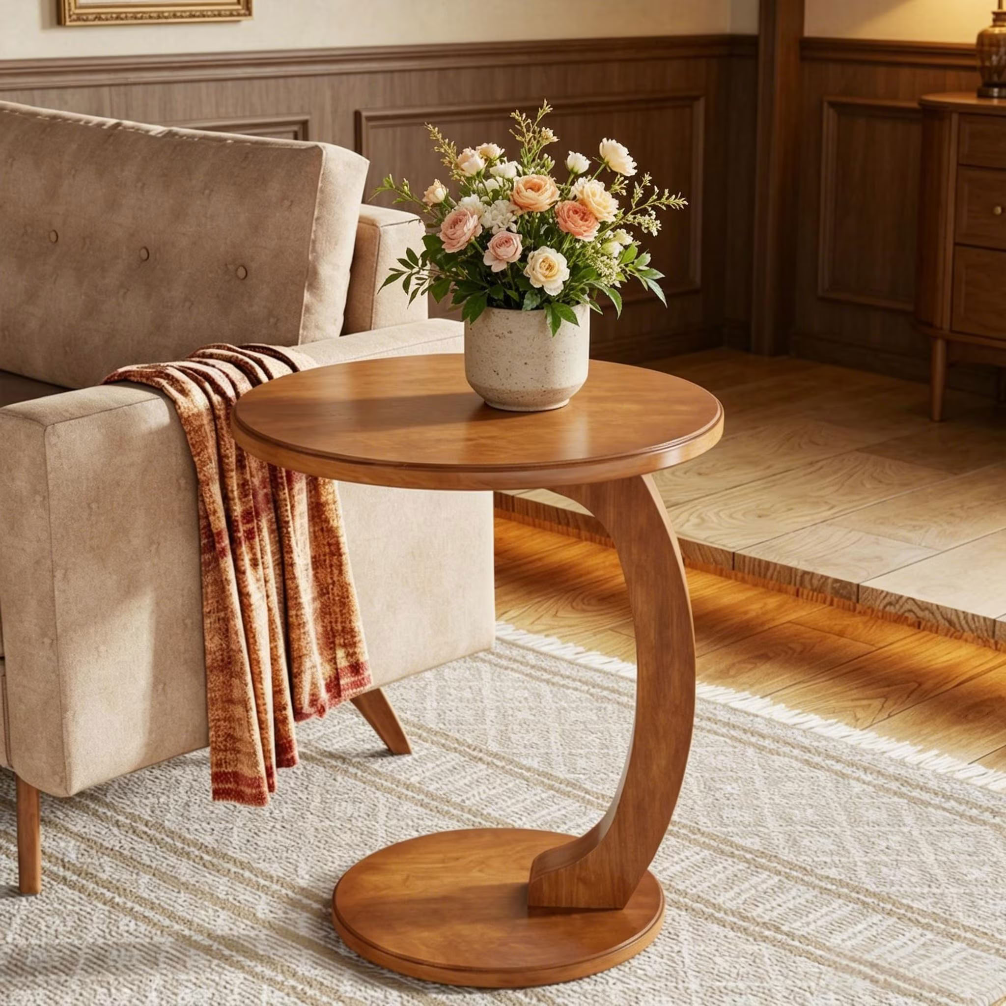 MAYEERTY C-Shaped End Table, Round Vintage Wooden Side Table with Curved Leg, Space-Saving Sofa Table for Living Room, Bedroom, Small Spaces
