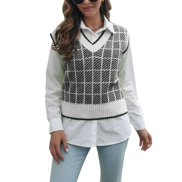 Suéter de mujer Chaleco con cuello en V Jersey de punto a cuadros Suéter sin mangas para citas Trabajo Compras Negro L